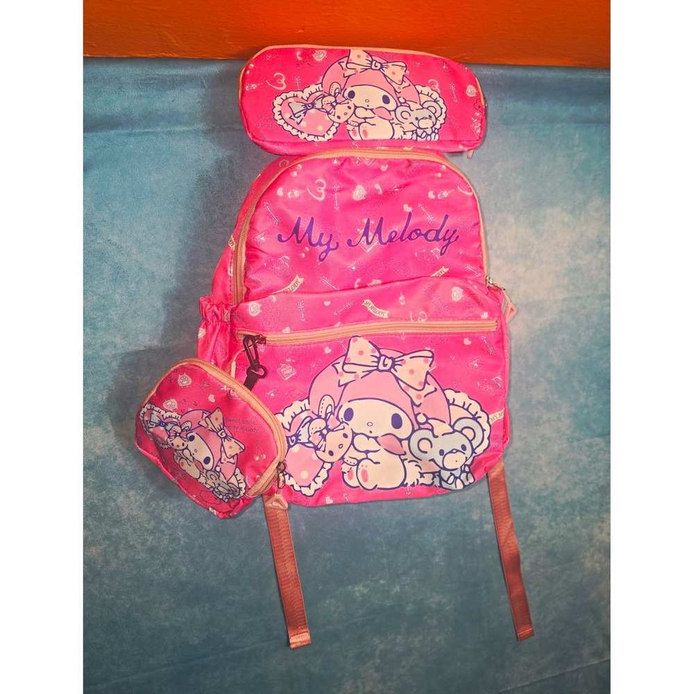 cartoon My Melody Pink Backpack Set w/ Outer Pockets Adjustable Straps kidcore